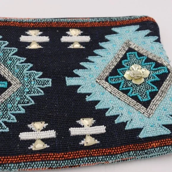 Steven Seed Beaded Bohemian Latken Cowrie Tassel Clutch Bag Blue Zippered Bag - Picture 2 of 15